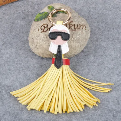 Cute Big Brand Karl Genuine Tassels Monster Bag Bugs Car Ornaments Leather Tassels Bag Charm Key Chain K008-black