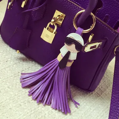 Cute Big Brand Karl Genuine Tassels Monster Bag Bugs Car Ornaments Leather Tassels Bag Charm Key Chain K008-black