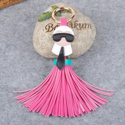 Cute Big Brand Karl Genuine Tassels Monster Bag Bugs Car Ornaments Leather Tassels Bag Charm Key Chain K008-black