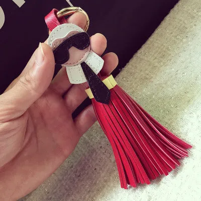 Cute Big Brand Karl Genuine Tassels Monster Bag Bugs Car Ornaments Leather Tassels Bag Charm Key Chain K008-black