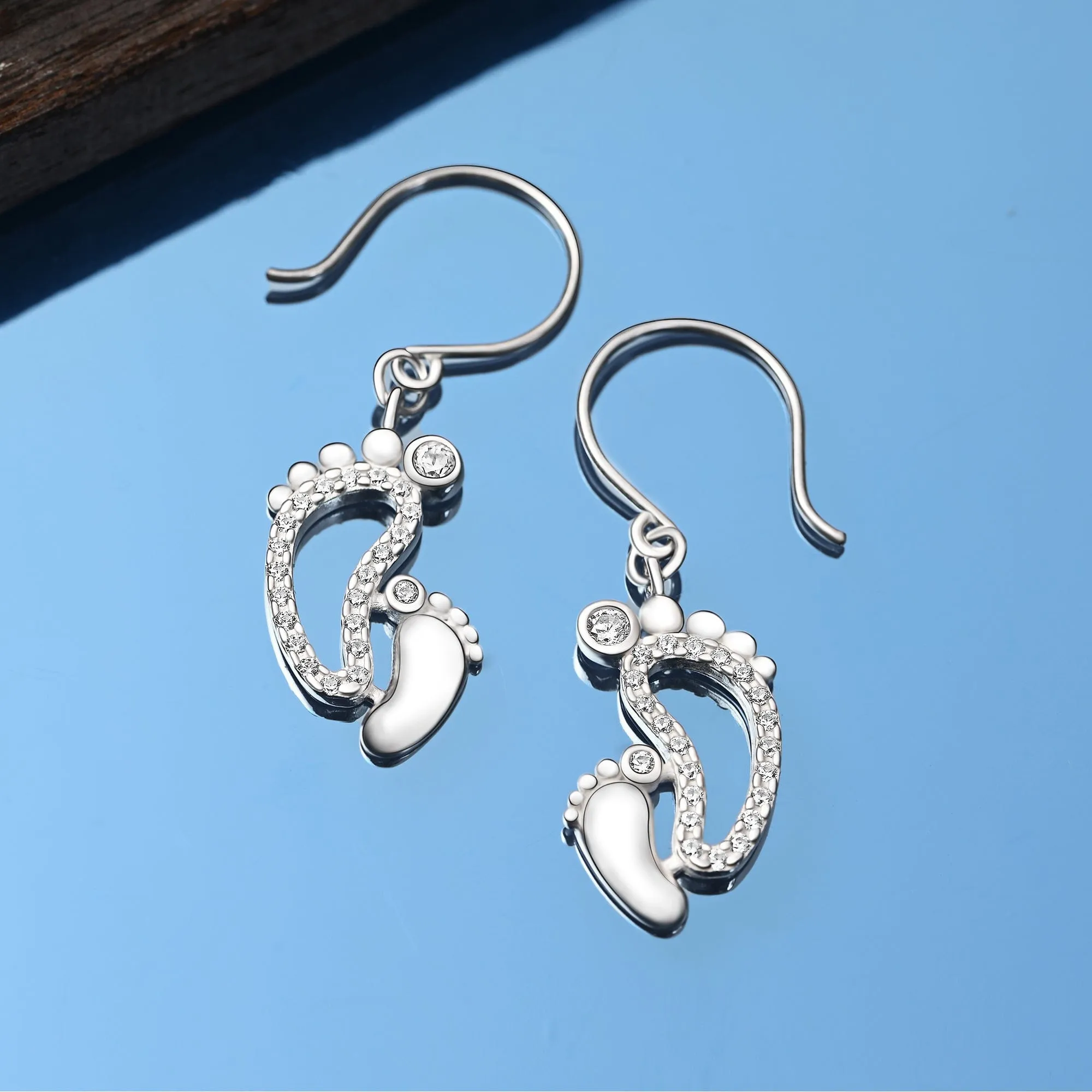 CZ Mom and Baby Feet Silver Dangle Earrings