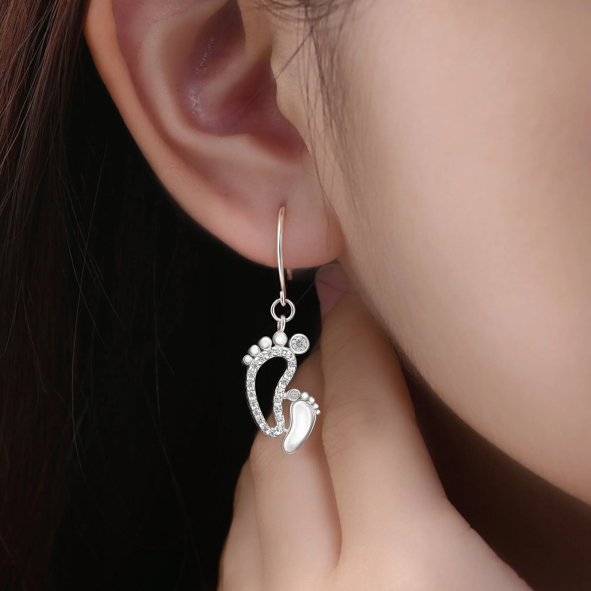 CZ Mom and Baby Feet Silver Dangle Earrings