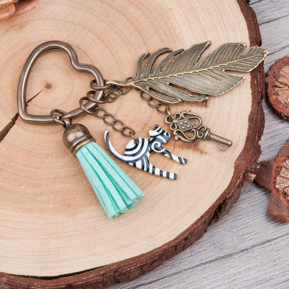 Doreen Box Antique Bronze Key Chains&Key Rings vintage feather heart Key Pendant Stripe Cat Tassel Pendants Mint Green Keychain