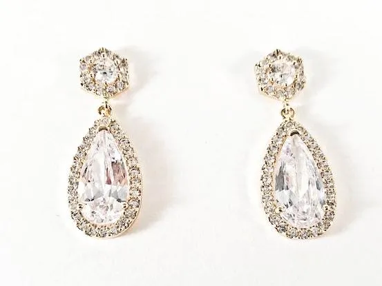 Elegant Classic Pear Shape Dangle CZ Gold Tone Brass Earrings