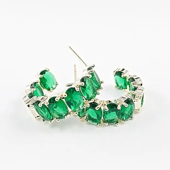 Elegant Green Emerald CZ Hoop Brass Earrings