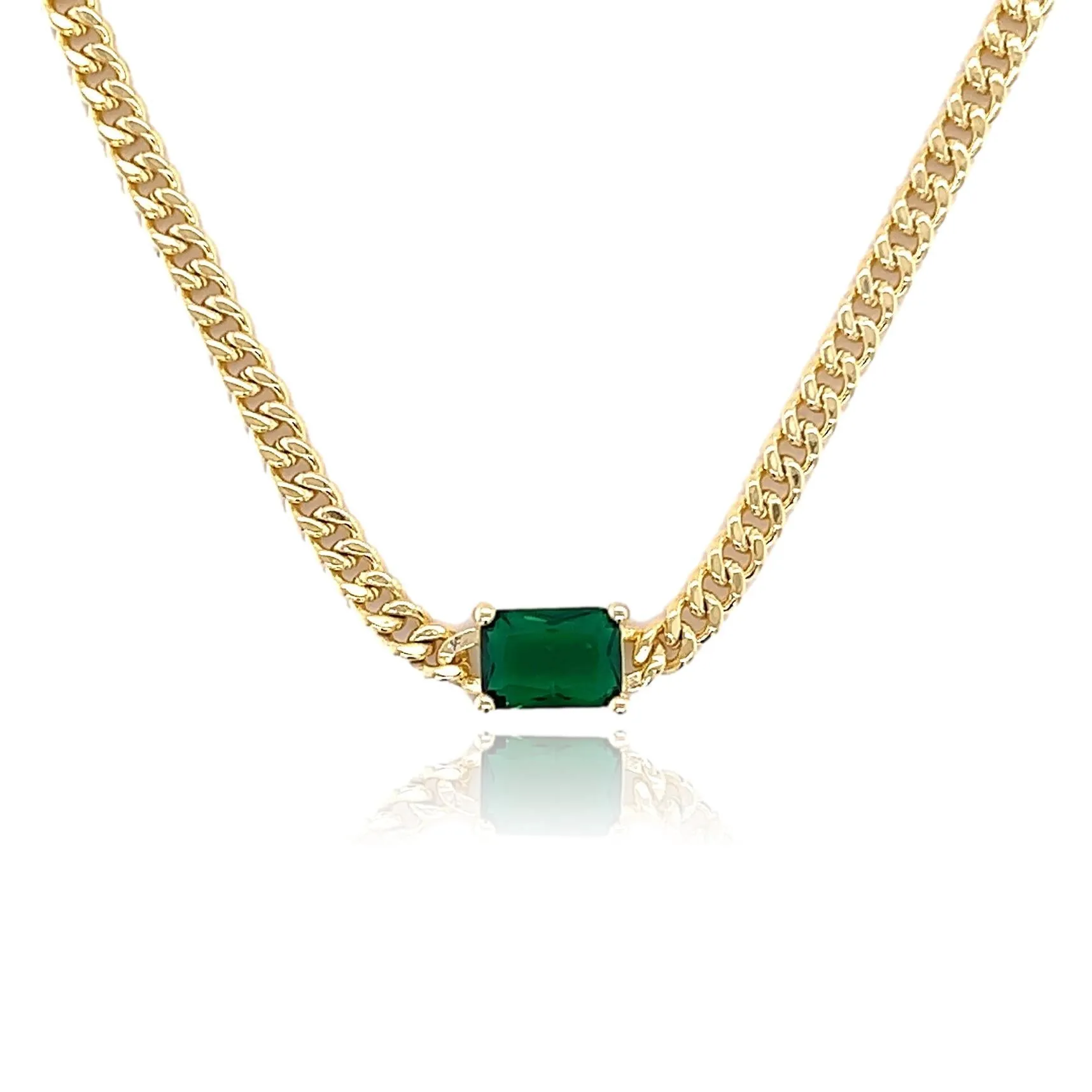 Emerald CZ Solitaire on Cuban Chain Necklace