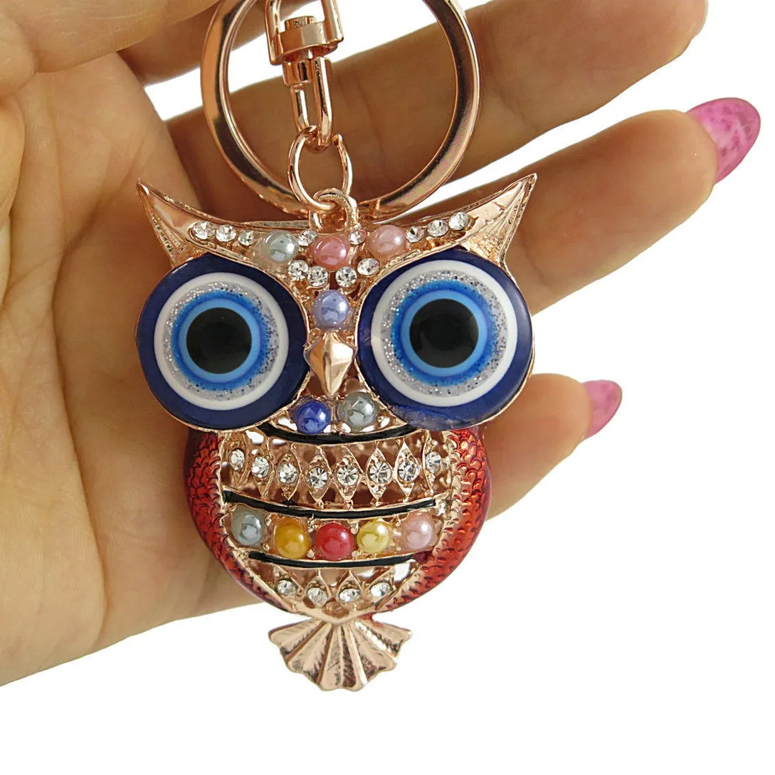 Evil Eye Owl Charm Keychain Colorful Crystal Beads Keyring Lobster Claw Clasp Gold Rhodium Alloy Car Keychain