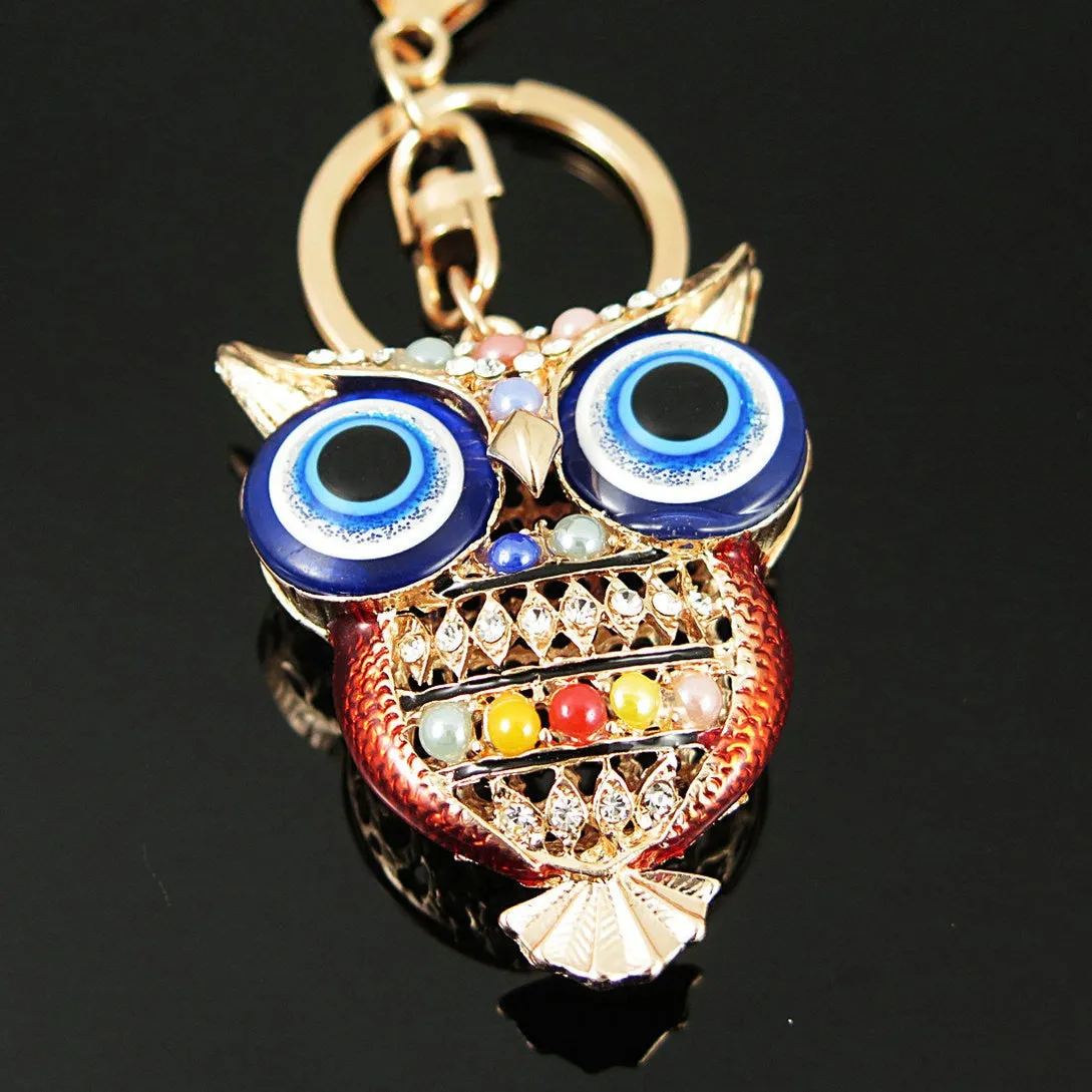 Evil Eye Owl Charm Keychain Colorful Crystal Beads Keyring Lobster Claw Clasp Gold Rhodium Alloy Car Keychain