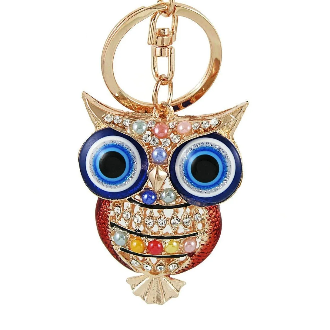 Evil Eye Owl Charm Keychain Colorful Crystal Beads Keyring Lobster Claw Clasp Gold Rhodium Alloy Car Keychain