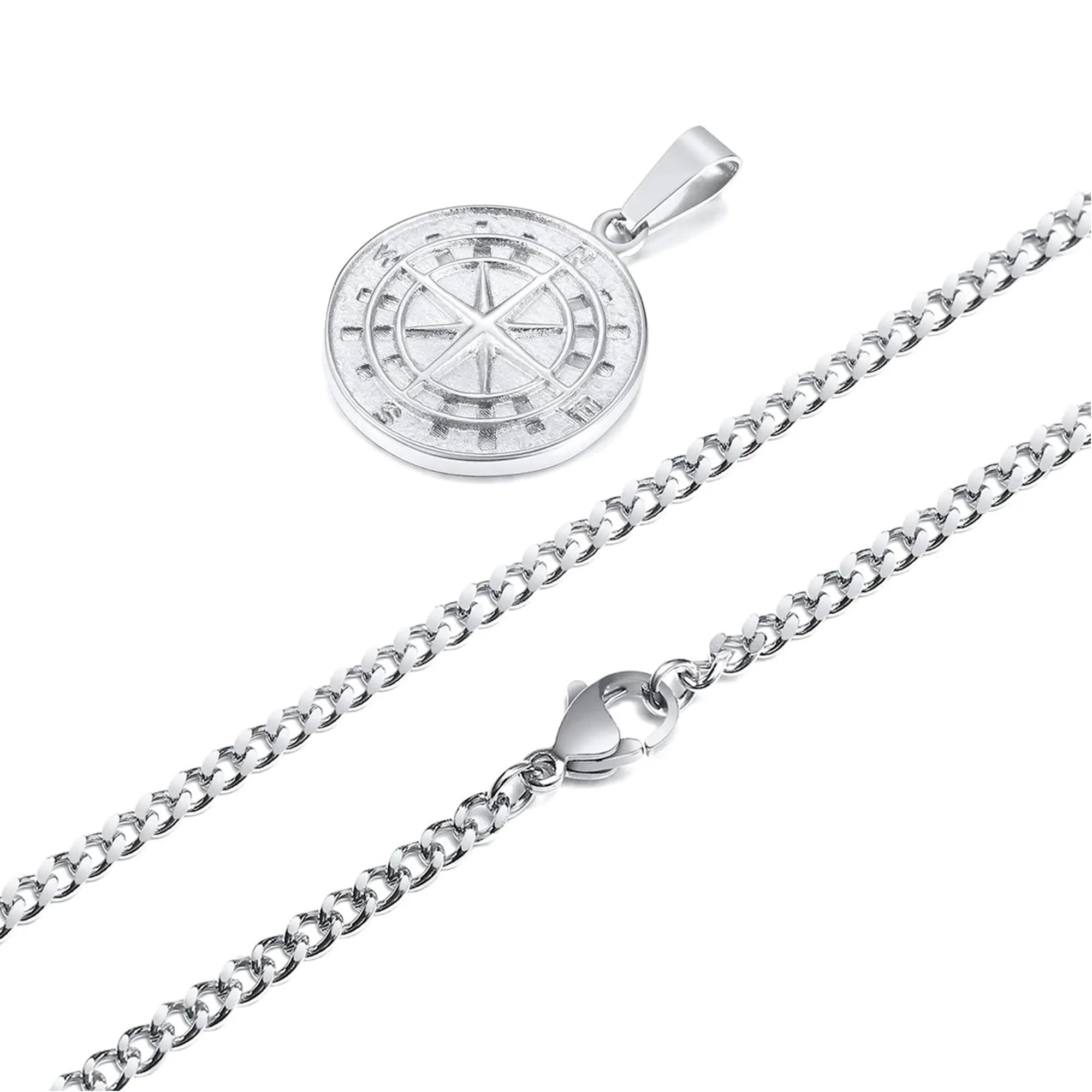 Fashion Frill Silver Chain Pendants For Men Round Pendant Silver Compass Necklace Chain For Men Boys Men's Jewellery Pendant Necklace Accessories