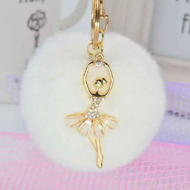 Fashion Women Rabbit Fur Cony Hair Rhinestone Ball Pom Pom Charm Car Keychain Handbag Key Ring Pendant