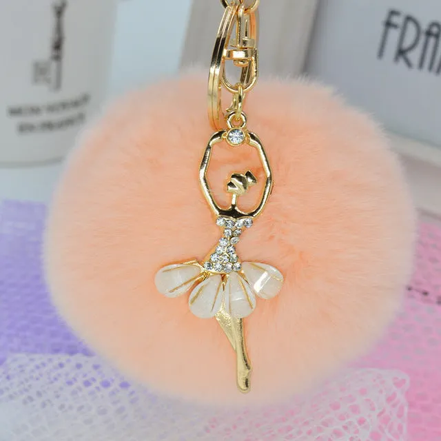 Fashion Women Rabbit Fur Cony Hair Rhinestone Ball Pom Pom Charm Car Keychain Handbag Key Ring Pendant