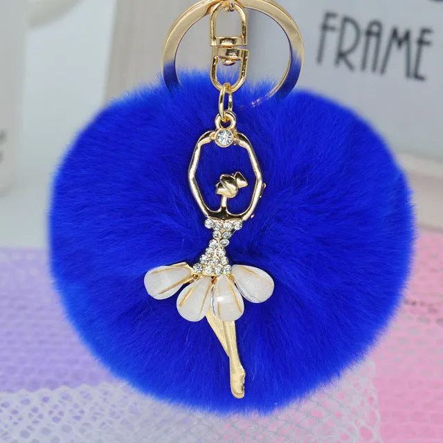 Fashion Women Rabbit Fur Cony Hair Rhinestone Ball Pom Pom Charm Car Keychain Handbag Key Ring Pendant