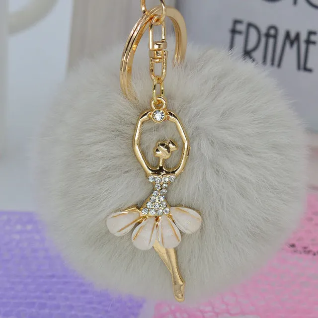 Fashion Women Rabbit Fur Cony Hair Rhinestone Ball Pom Pom Charm Car Keychain Handbag Key Ring Pendant