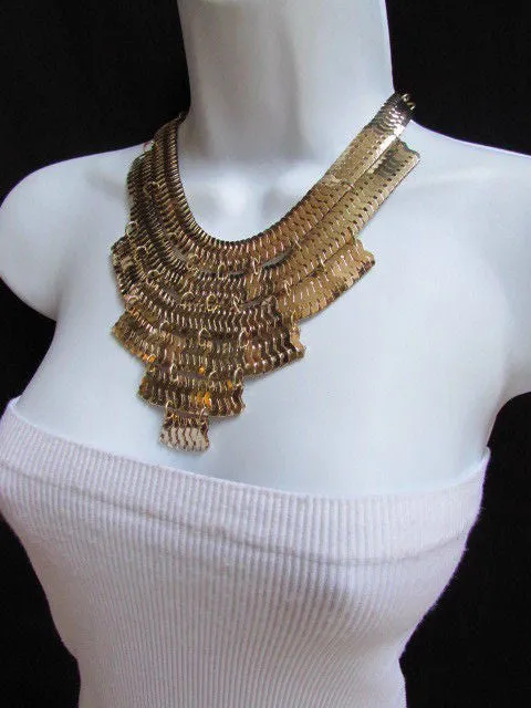 Gold Metal Chains Wide Links 6 Strands Statement Necklace Matching Earrings Set