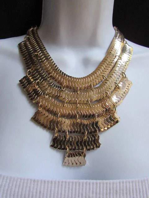 Gold Metal Chains Wide Links 6 Strands Statement Necklace Matching Earrings Set