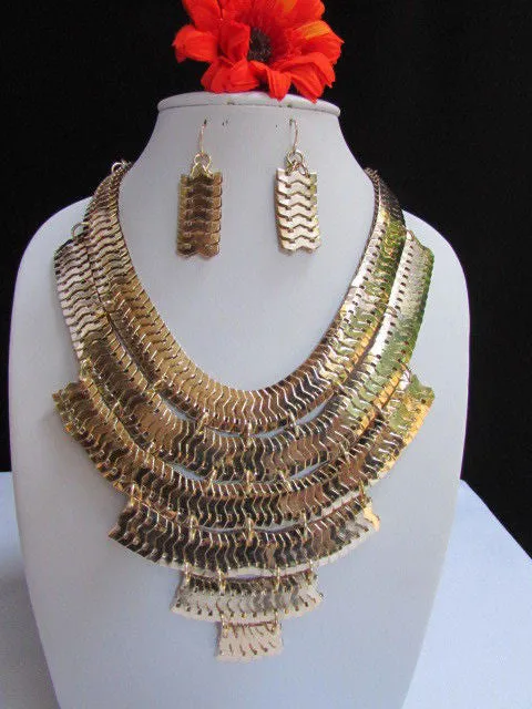 Gold Metal Chains Wide Links 6 Strands Statement Necklace Matching Earrings Set