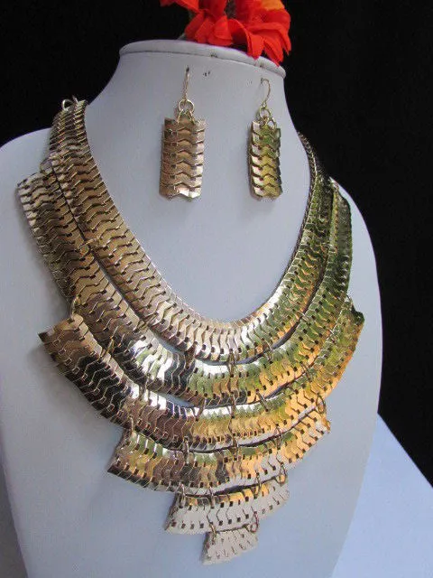 Gold Metal Chains Wide Links 6 Strands Statement Necklace Matching Earrings Set