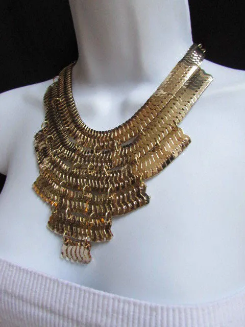 Gold Metal Chains Wide Links 6 Strands Statement Necklace Matching Earrings Set