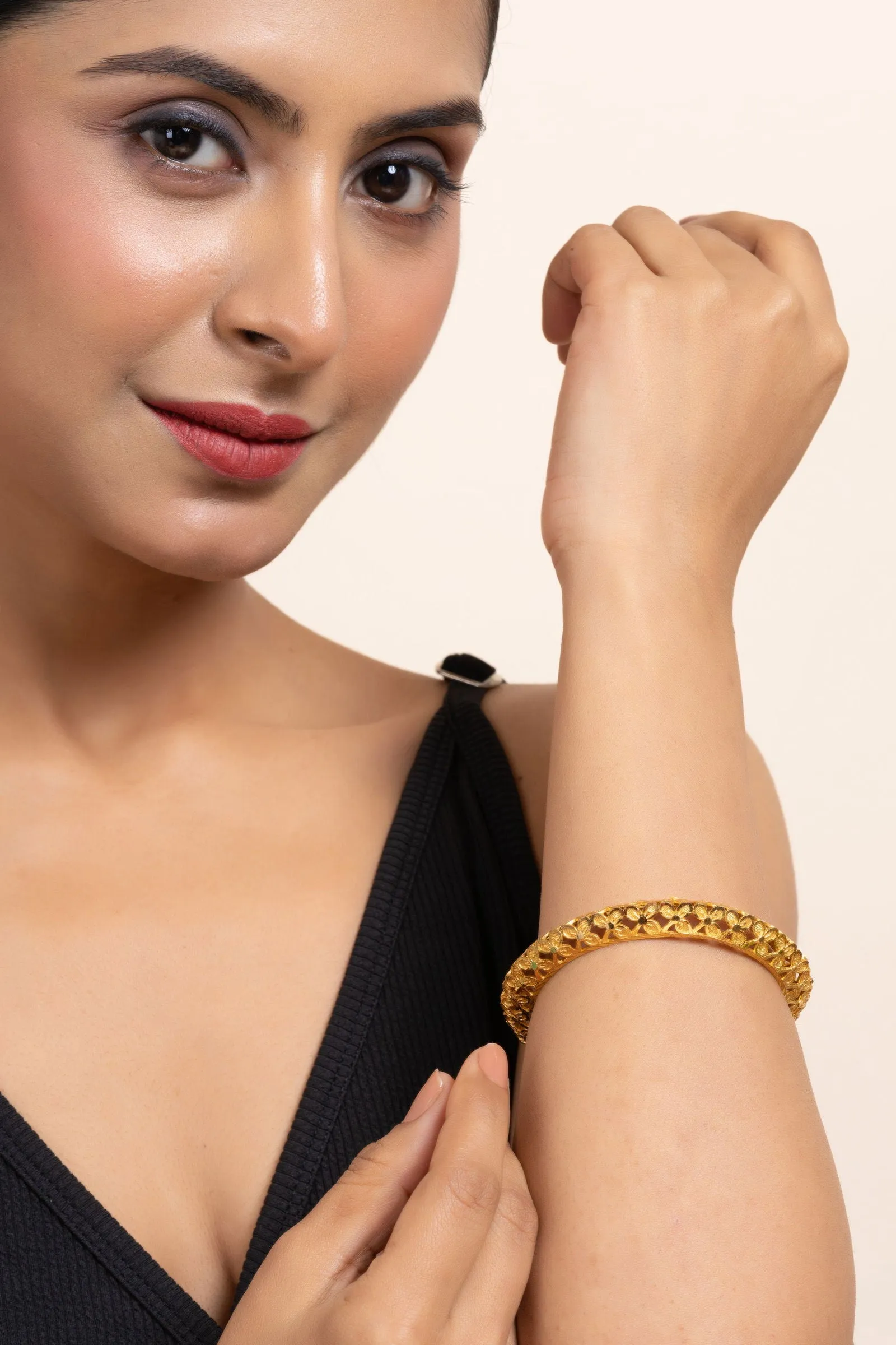 Gold Plated Floral Bangle with Intricate Design for All Occasions - Elegant Copper Jewelry