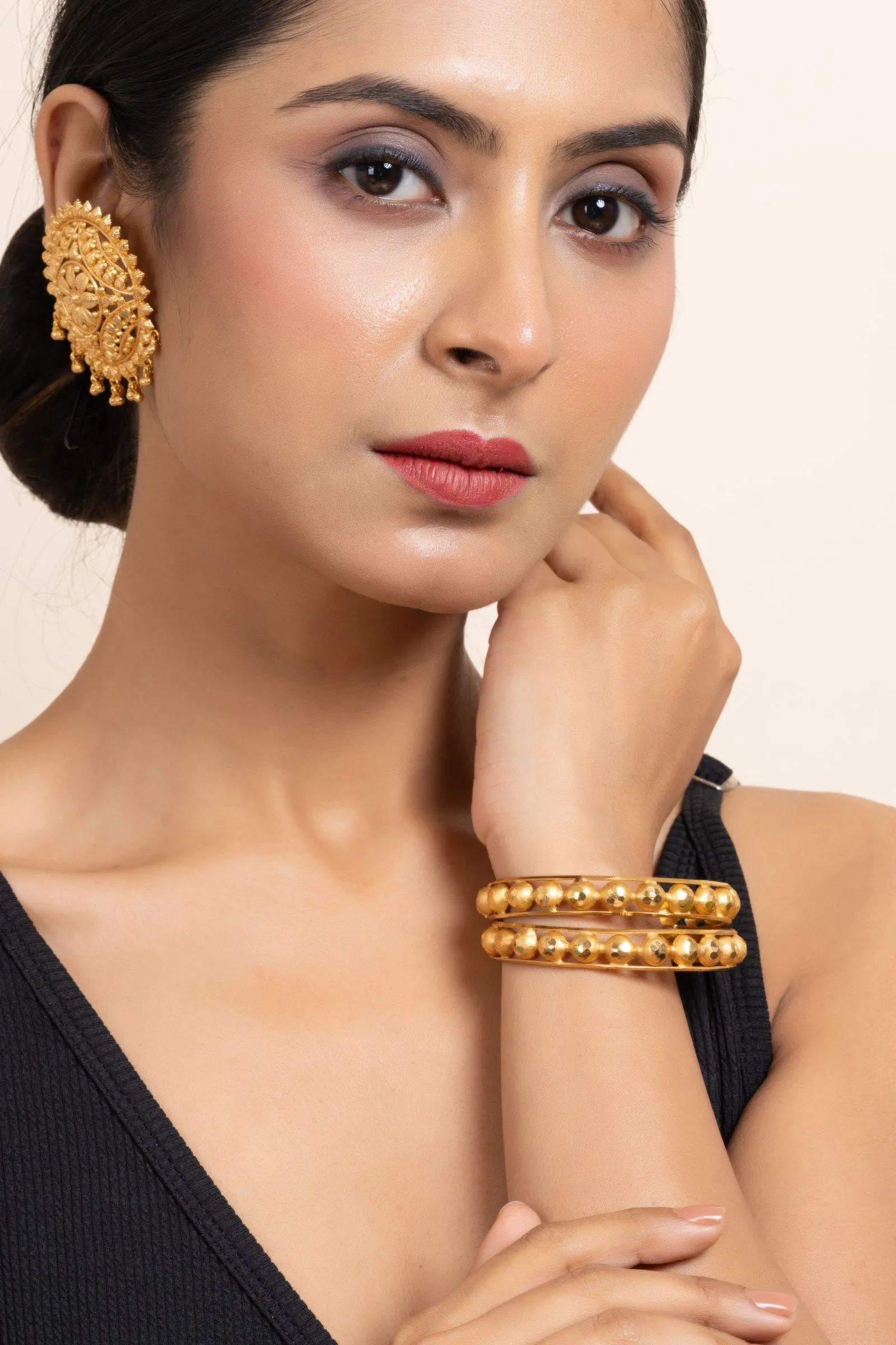 Gold Plated Set of 2 Circular Ball Bangles, Elegant Copper Jewelry for All Occasions