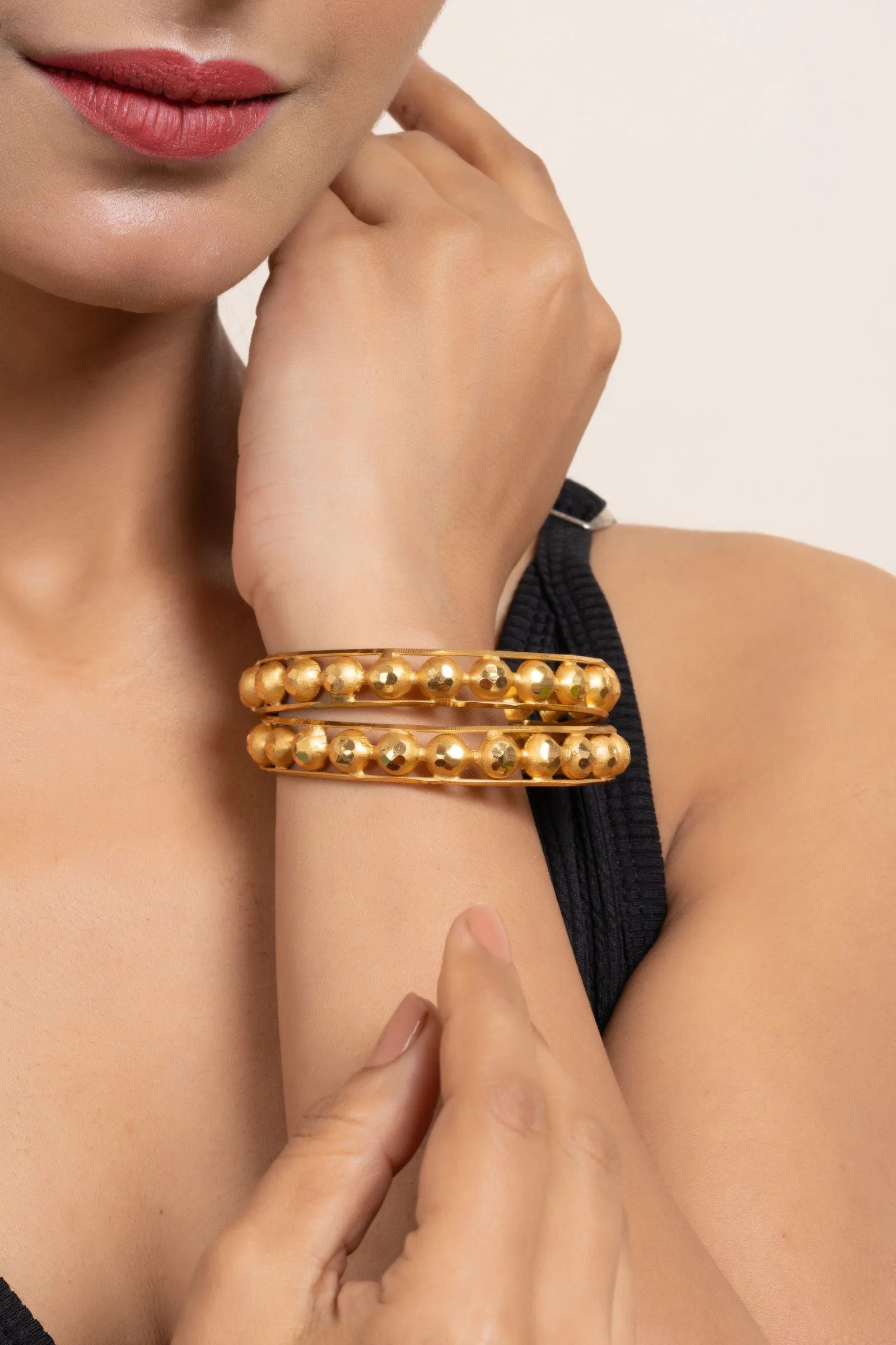 Gold Plated Set of 2 Circular Ball Bangles, Elegant Copper Jewelry for All Occasions