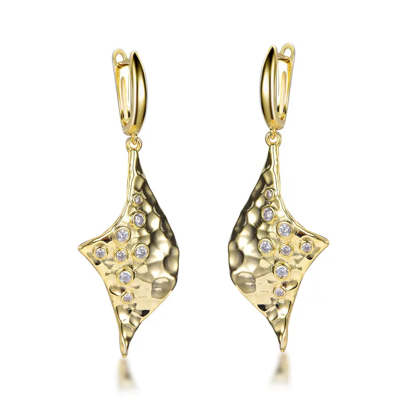 Gold Plated Sterling Silver CZ Accent Hammered Gold Drop Earrings