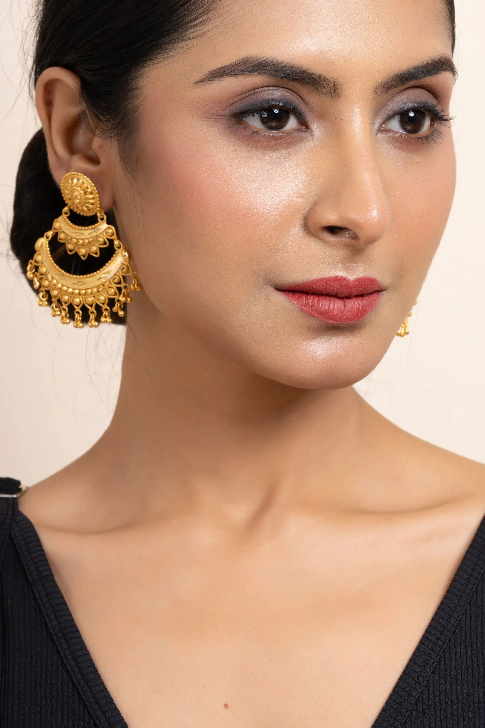 Gold Plated Two Layer Chandbali Earrings with Round Stud Design -Designer Copper Jewelry