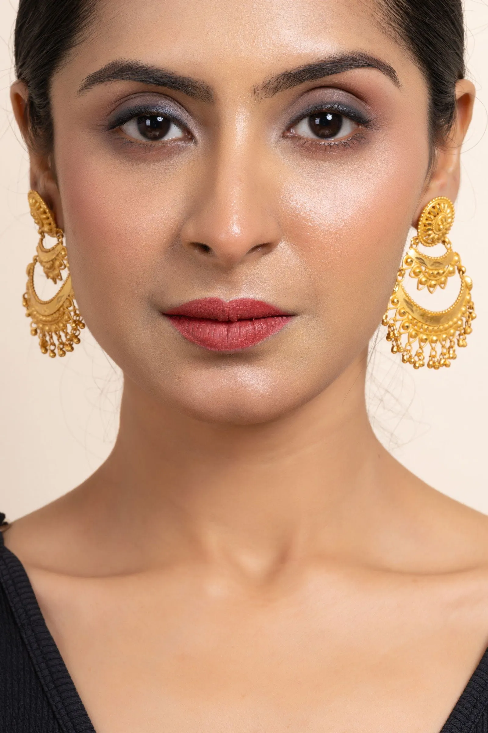 Gold Plated Two Layer Chandbali Earrings with Round Stud Design -Designer Copper Jewelry