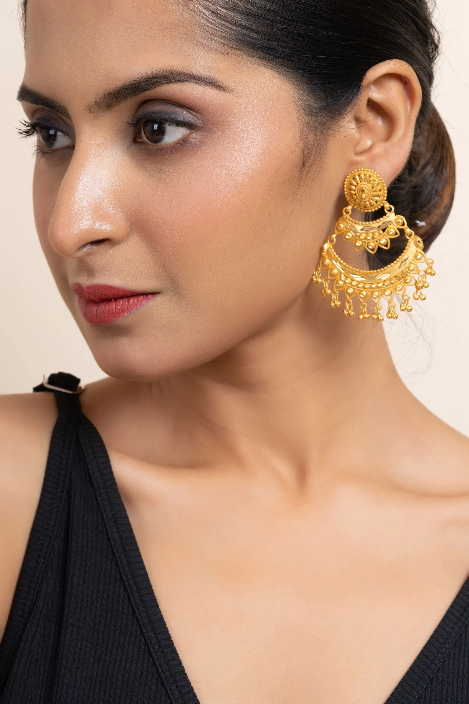 Gold Plated Two Layer Chandbali Earrings with Round Stud Design -Designer Copper Jewelry