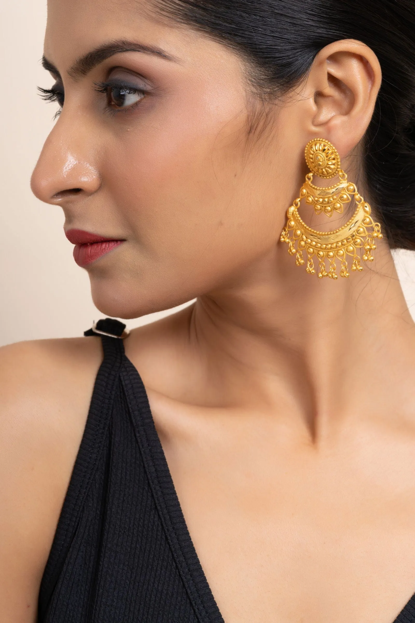 Gold Plated Two Layer Chandbali Earrings with Round Stud Design -Designer Copper Jewelry