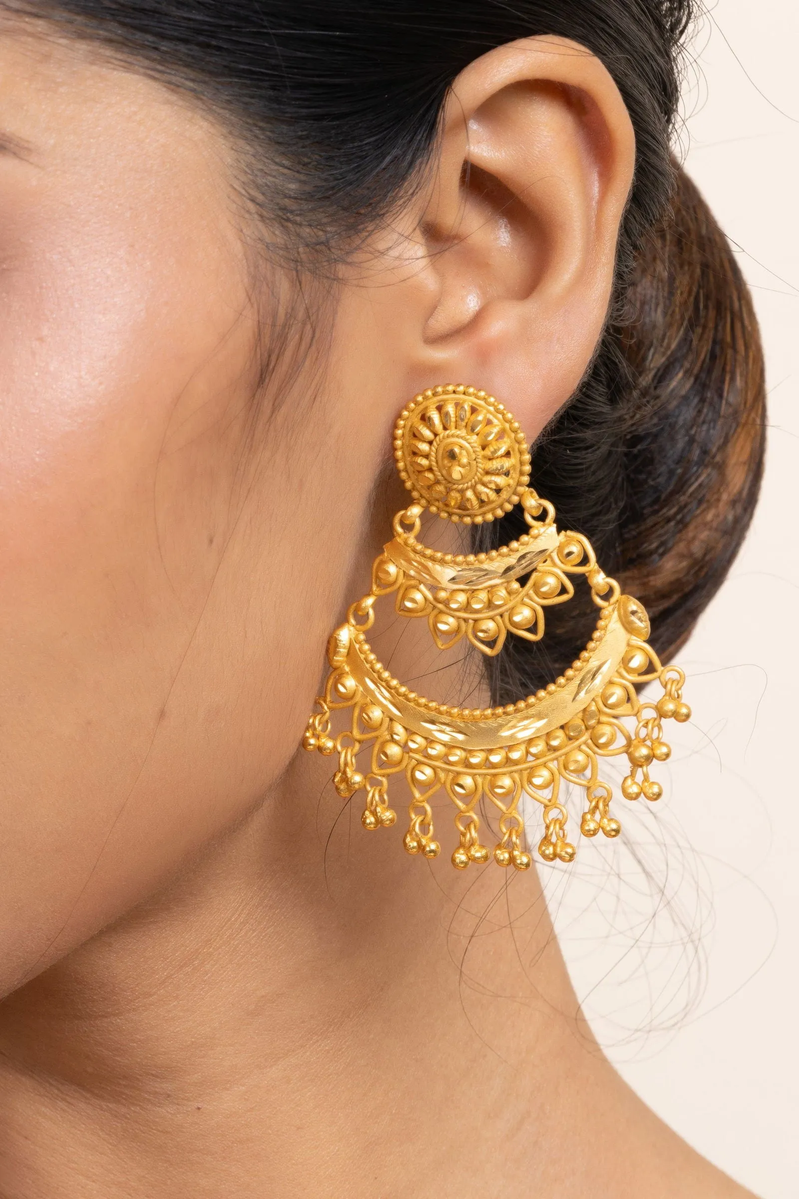 Gold Plated Two Layer Chandbali Earrings with Round Stud Design -Designer Copper Jewelry