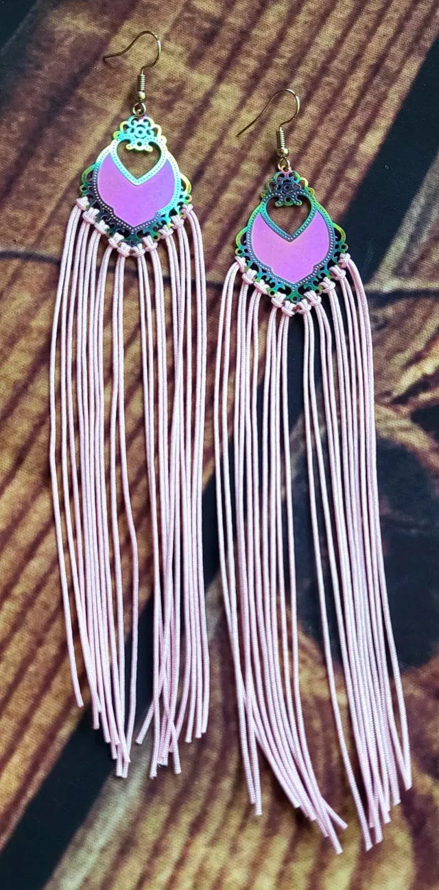 Gorgeous Pink fringe tassels on iridescent filigree earrings