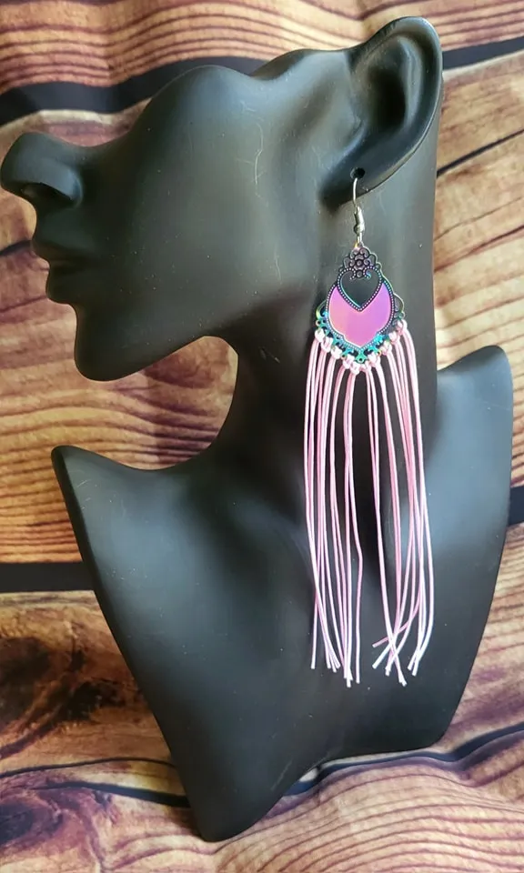 Gorgeous Pink fringe tassels on iridescent filigree earrings