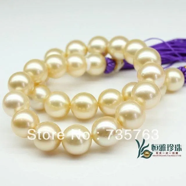 HUGE 18"14MM AUSTRALIA SOUTH SEA NATURAL GOLD PERFECT ROUND PEARL NECKLACE 14KGP