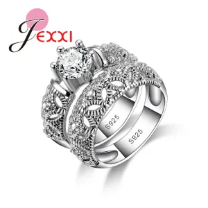 JEXXI Vintage Double Rings With Mask For Females 925 Sterling Silver Elegant Jewelry Big Round Shiny Accessories Wholesale