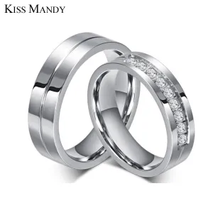 KISS MANDY Silver Bridal Bands for Women Men Couple Ring Stainless Steel Wedding Jewelry KR213