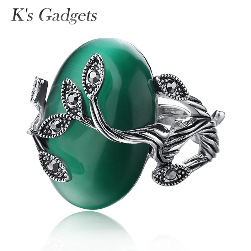 K's Gadgets Carved Ring Antique Silver Plate Natural Green opal Jewelry Vintage Retro Rings Zircon Big Stone Ring For Women