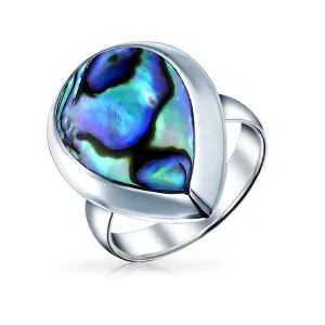 Large Teardrop Bezel Rainbow Shell Abalone Ring .925 Sterling Silver