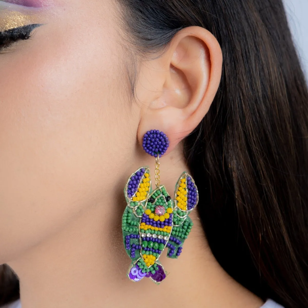 Mardi Gras Crawfish Beaded Earrings with Rhinestone Accents