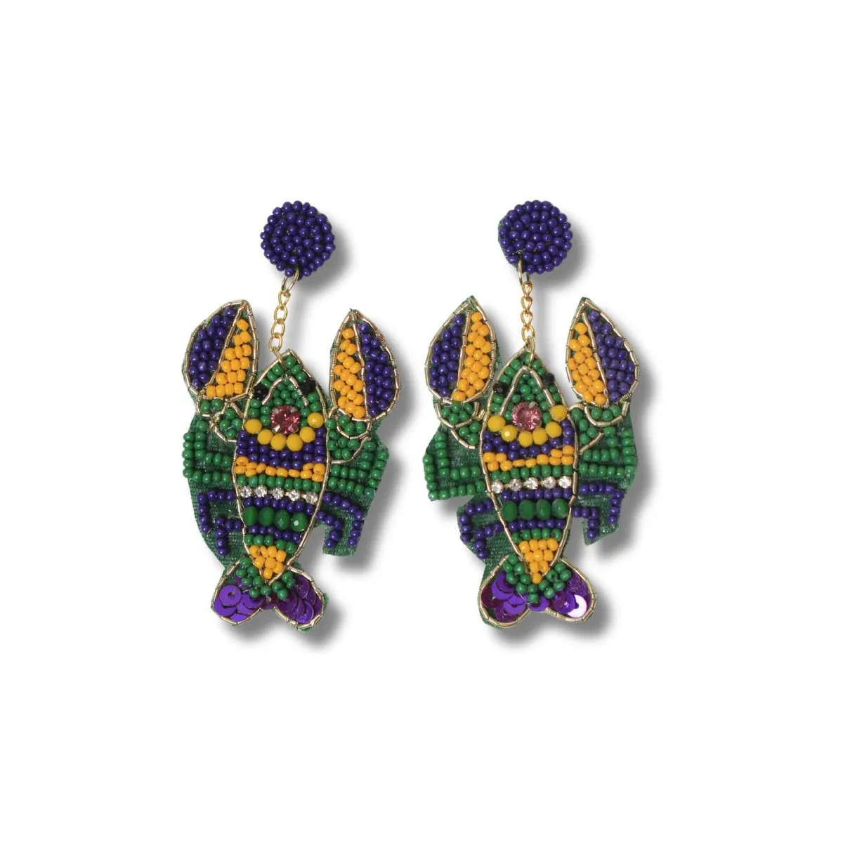 Mardi Gras Crawfish Beaded Earrings with Rhinestone Accents