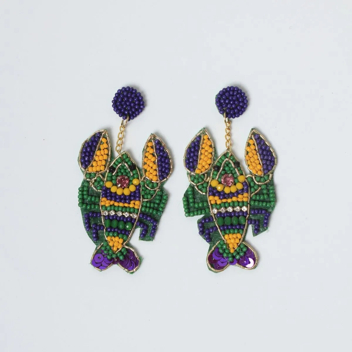 Mardi Gras Crawfish Beaded Earrings with Rhinestone Accents