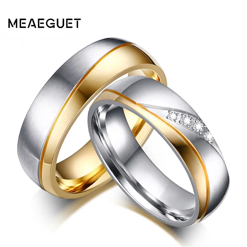 Meaeguet Romantic Wedding Rings For Lover Gold-Color Stainless Steel Couple Rings For Engagement Party Jewelry Wedding Bands