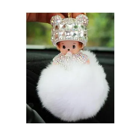 Monchichi sleutelhanger real rabbit fur pom pom keychain Crystal Monchhichi Dolls pompom Key chain Woman bag car Charm pendant