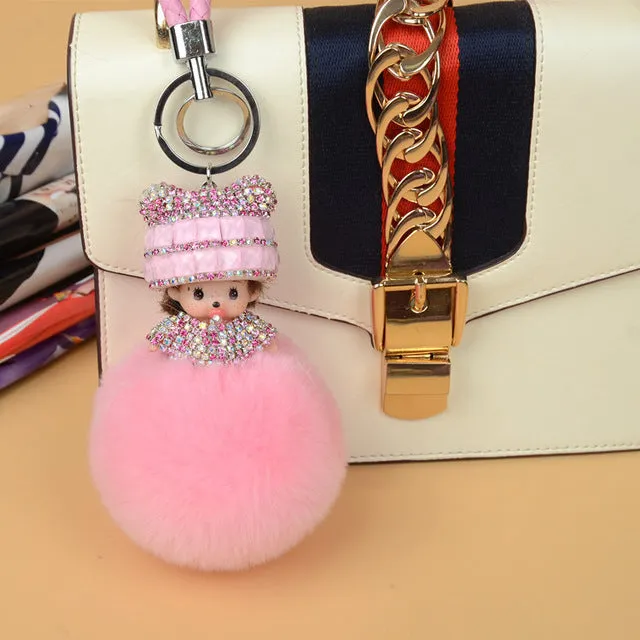 Monchichi sleutelhanger real rabbit fur pom pom keychain Crystal Monchhichi Dolls pompom Key chain Woman bag car Charm pendant