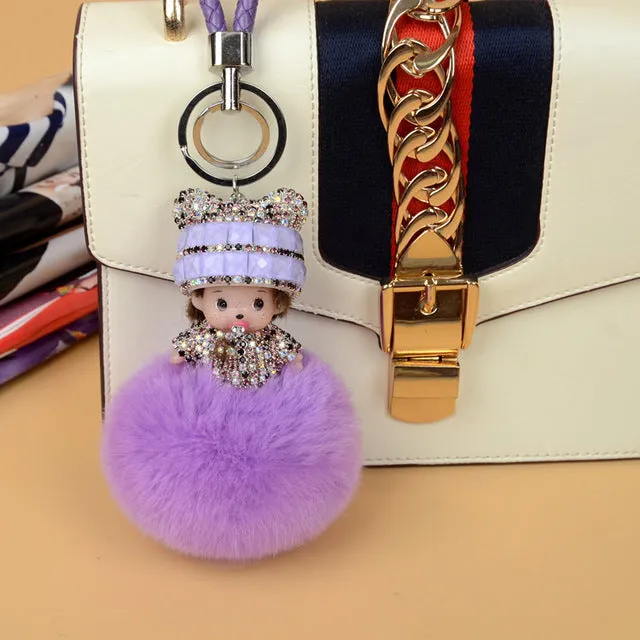 Monchichi sleutelhanger real rabbit fur pom pom keychain Crystal Monchhichi Dolls pompom Key chain Woman bag car Charm pendant