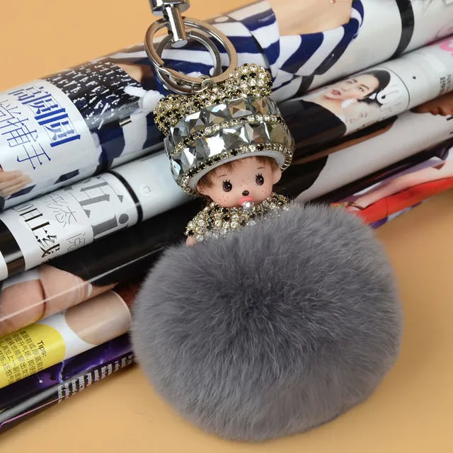 Monchichi sleutelhanger real rabbit fur pom pom keychain Crystal Monchhichi Dolls pompom Key chain Woman bag car Charm pendant