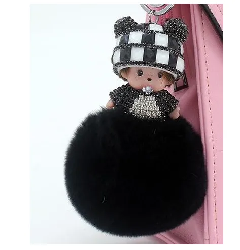 Monchichi sleutelhanger real rabbit fur pom pom keychain Crystal Monchhichi Dolls pompom Key chain Woman bag car Charm pendant