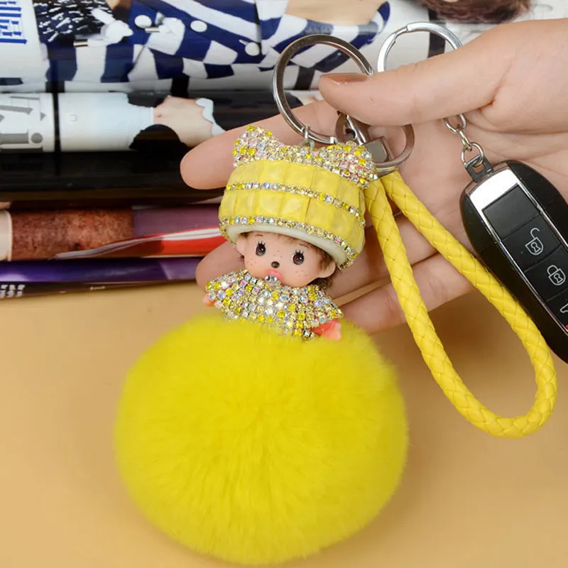 Monchichi sleutelhanger real rabbit fur pom pom keychain Crystal Monchhichi Dolls pompom Key chain Woman bag car Charm pendant