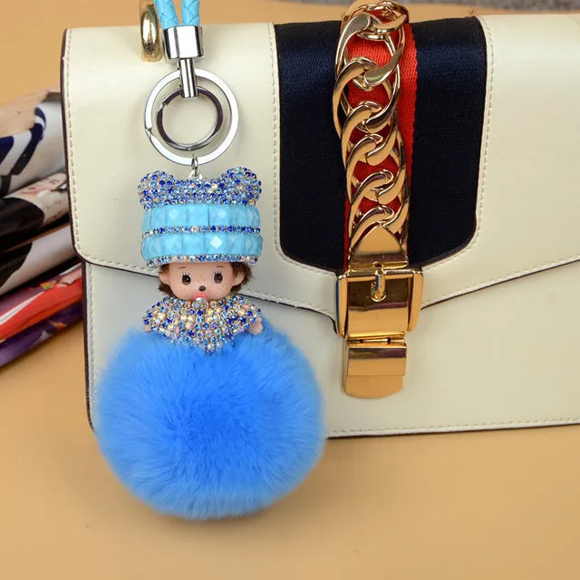 Monchichi sleutelhanger real rabbit fur pom pom keychain Crystal Monchhichi Dolls pompom Key chain Woman bag car Charm pendant